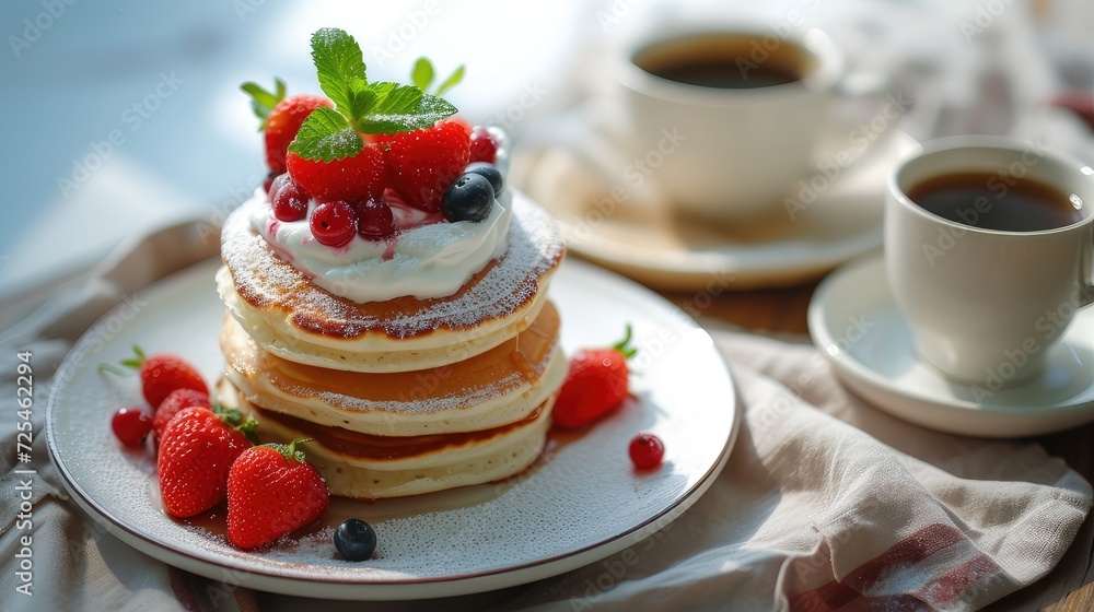 aesthetically placed pancake cake or pancake, cream and coffee. A white saucer as a background to enhance the colors and create a clean, minimalist environment. aesthetically placed pancake cake or pancake, cream and coffee. A white saucer as a background to enhance the colors and create a clean, minimalist environment.
