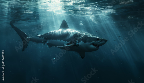 Ocean, sea and shark swimming underwater in clear water for tourism, holiday adventure and travel. Blue, detailed and beautiful scene of wildlife in their habitat for environment and eco system © MalamboBot/Peopleimages - AI