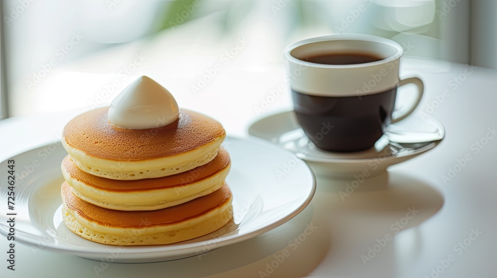 aesthetically placed pancake cake or pancake, cream and coffee. A white saucer as a background to enhance the colors and create a clean, minimalist environment. aesthetically placed pancake cake or pancake, cream and coffee. A white saucer as a background to enhance the colors and create a clean, minimalist environment.