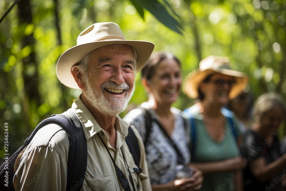 A group of seasoned hikers, including retirees and elderly tourists, enjoying the outdoors for fitness and recreation - obrazy, fototapety, plakaty 