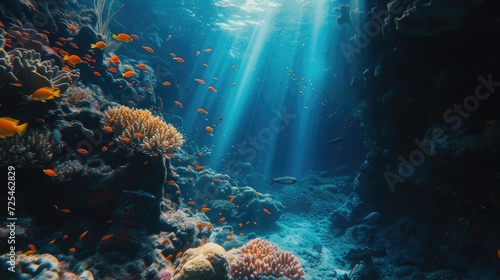 Colorful underwater world, details of coral reef, colorful fish and dark blue ocean photo