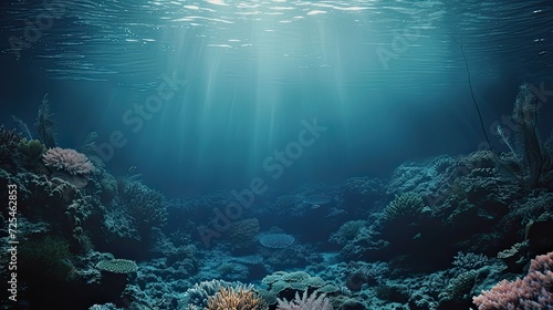 Colorful underwater world, details of coral reef, colorful fish and dark blue ocean