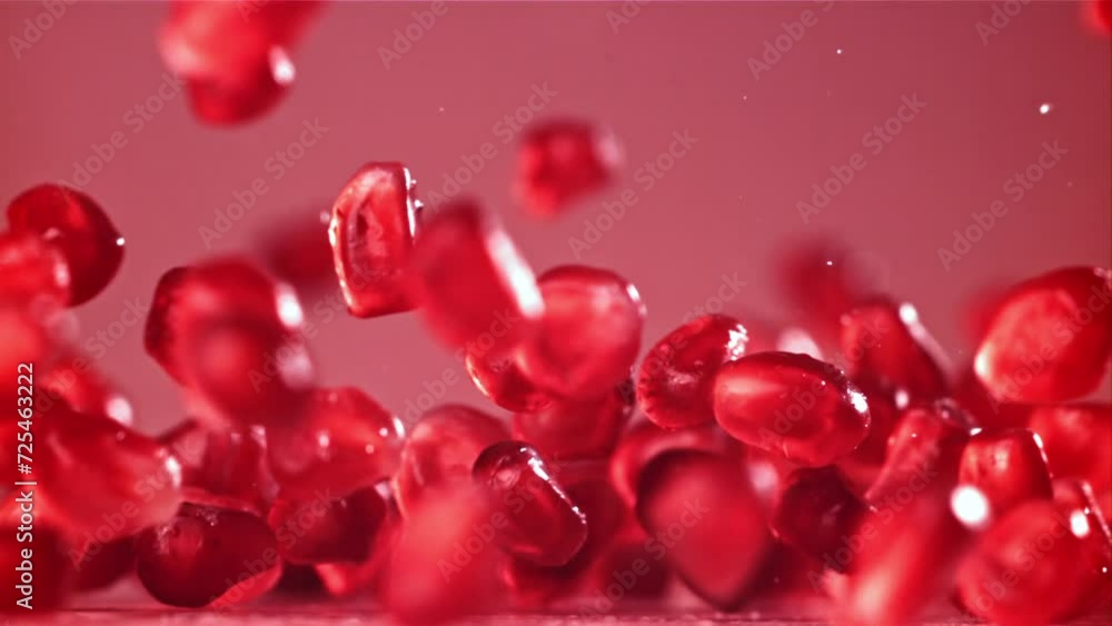 Pomegranate seeds fall on the table with splashes. Filmed on a high-speed camera at 1000 fps. High quality FullHD footage Pomegranate seeds fall on the table with splashes. Filmed on a high-speed camera at 1000 fps. High quality FullHD footage
