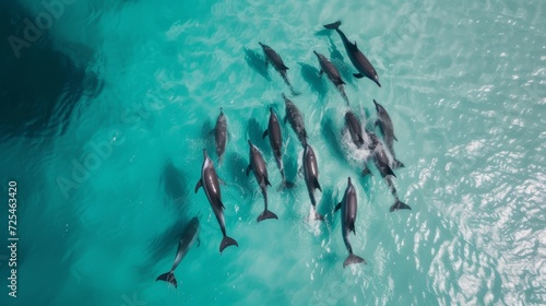 Awe-Inspiring Aerial View of Harmonious Dolphin Pod AI Generated.
