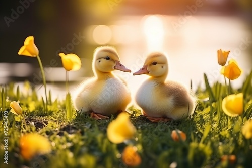 Adorable ducklings on green grass with plenty of space for copy - outdoor wildlife photography photo