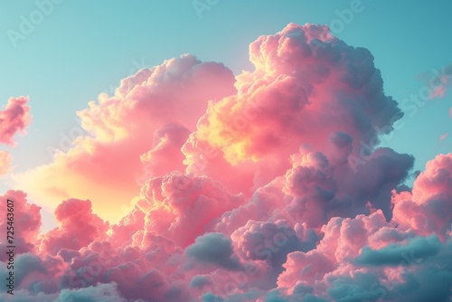 A bright, pastel sky with fluffy clouds, painting a dreamy backdrop for a serene sunset scene. © Andrii Zastrozhnov