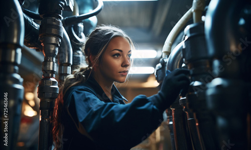 Hardworking industrial engineer woman checks high pressure valve inside refinery.