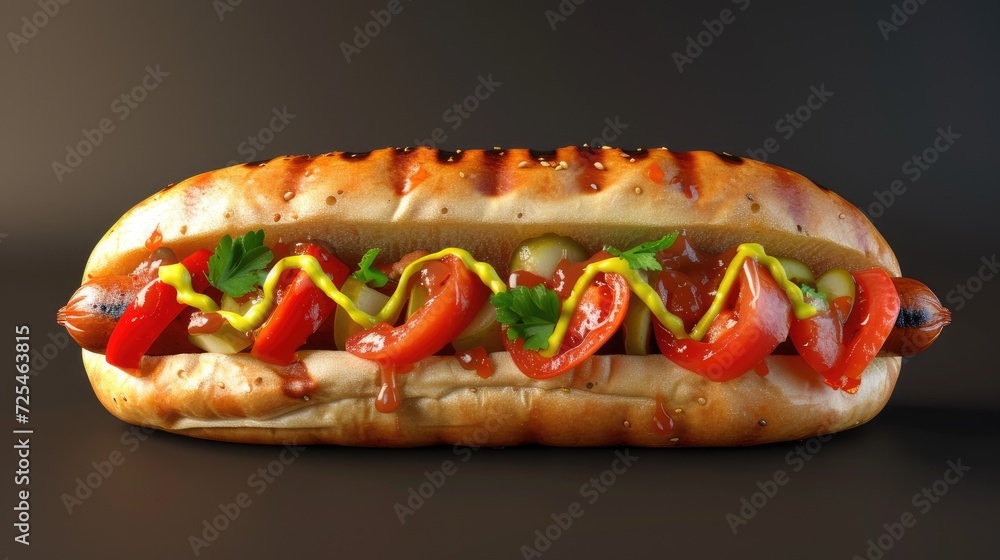 French hot dog on a cutting board, the dish looks appetizing by arranging the ingredients in an attractive manner, taking into account color contrast and overall aesthetics French hot dog on a cutting board, the dish looks appetizing by arranging the ingredients in an attractive manner, taking into account color contrast and overall aesthetics