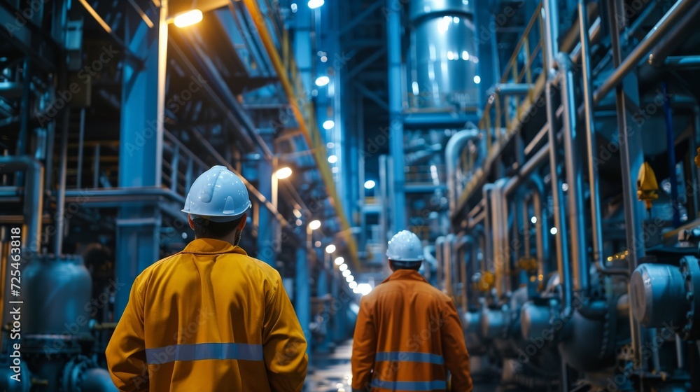 Fototapeta premium workers in an industrial plant for the production and processing of crude oil