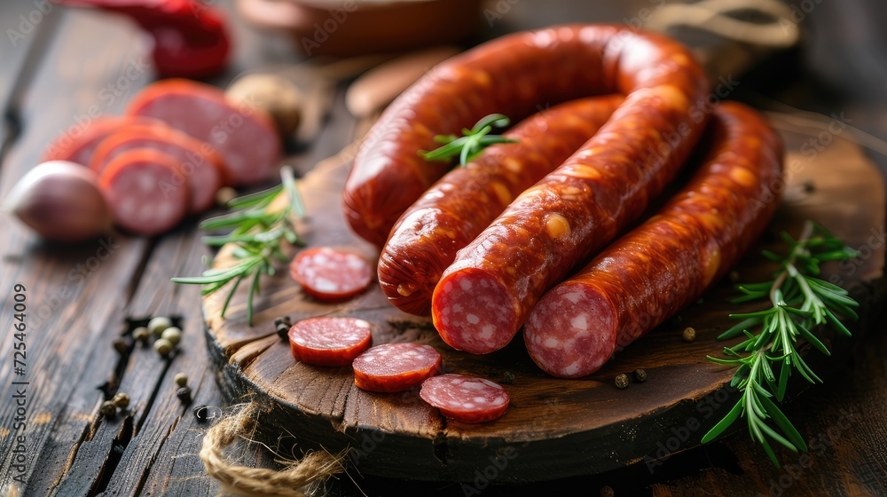 sausages on a wooden background, taking into account the shape and color, the contrast between the roughness of the wood and the different textures of the sausages to add realism sausages on a wooden background, taking into account the shape and color, the contrast between the roughness of the wood and the different textures of the sausages to add realism