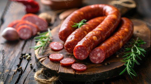 sausages on a wooden background, taking into account the shape and color, the contrast between the roughness of the wood and the different textures of the sausages to add realism