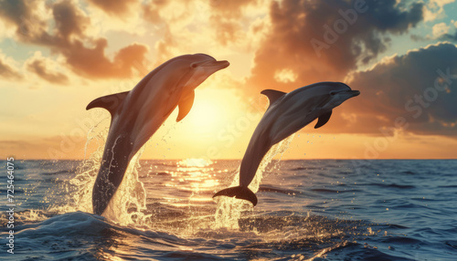 Summer sunset, ocean and dolphin leaping out of the water for paradise, vacation or wildlife scene. Beautiful, tropical and seascape wallpaper or backdrop for environment, marine life and eco system © MalamboBot/Peopleimages - AI
