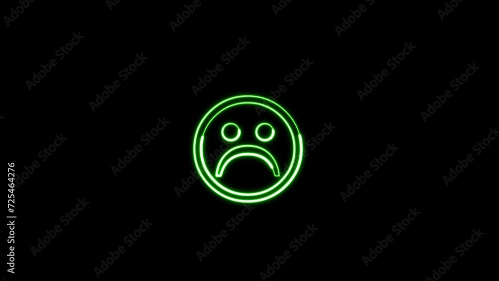 Neon glowing sad smile sign animation isolated on black background. 4K Video motion graphic animation. Neon glowing sad smile sign animation isolated on black background. 4K Video motion graphic animation.