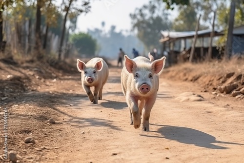 Adorable little pig happily walking outdoors on a charming farm with ample copy space for text © chelmicky