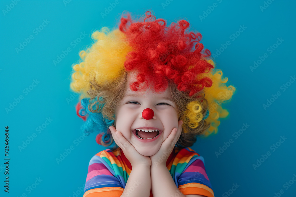 A Cute, Happy Little Boy Brimming with Delight in a Playful Clown Wig, Captured Against a Tranquil Blue Background, Radiating Pure Happiness and Carefree Moments A Cute, Happy Little Boy Brimming with Delight in a Playful Clown Wig, Captured Against a Tranquil Blue Background, Radiating Pure Happiness and Carefree Moments