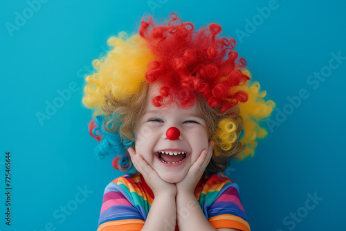 A Cute, Happy Little Boy Brimming with Delight in a Playful Clown Wig, Captured Against a Tranquil Blue Background, Radiating Pure Happiness and Carefree Moments