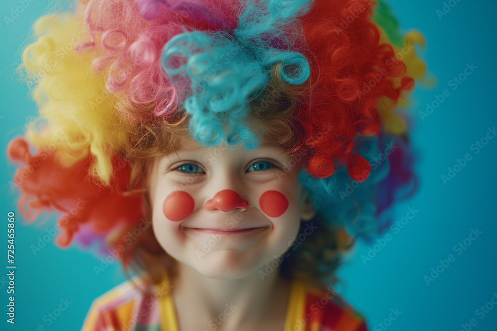 A Cute, Happy Little Boy Brimming with Delight in a Playful Clown Wig, Captured Against a Tranquil Blue Background, Radiating Pure Happiness and Carefree Moments A Cute, Happy Little Boy Brimming with Delight in a Playful Clown Wig, Captured Against a Tranquil Blue Background, Radiating Pure Happiness and Carefree Moments