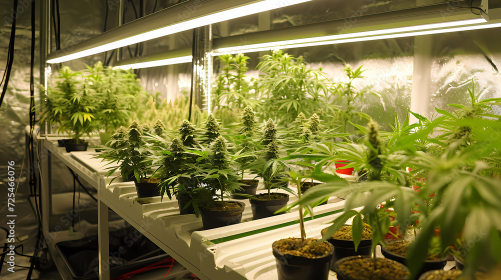 Cannabis plants in a grow room under lights