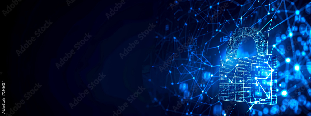Obraz premium Futuristic Cybersecurity Digital Lock on Blue Background for Network Protection and Data Encryption