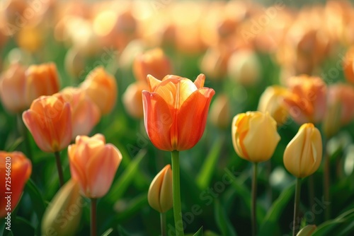 Orange Tulip  Standing in The Center of a Large Group of Tulips in Front of a Green Field  in The Style of Romantic Soft Focus and Ethereal Light. Selective Focus