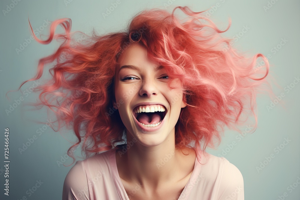 Joyful girl with bright pink hair smiling at the camera, happy and carefree, with copy space