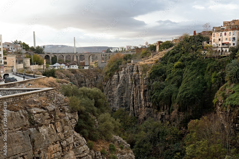View of Sidi Rached bridge over Rhumel river gorge in Constantine city. Algeria. Africa.