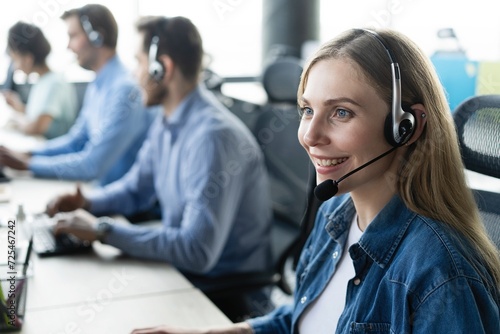 Call center, computer and business with woman in office for customer service, technical support and advice. Technology, contact us and communication with employee operator in help desk agency
