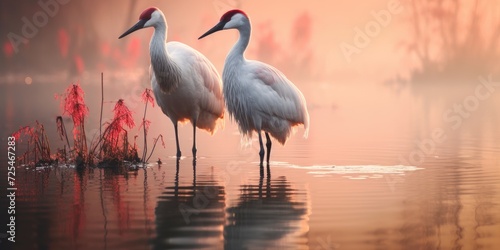 Beautiful sunrise, foggy lake. Cranes or herons. Theme of love and family in nature. photo