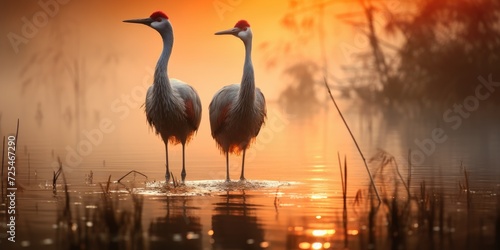 Two Cranes on the lake  beautiful sunrise. Theme of love and family in nature. Generative AI