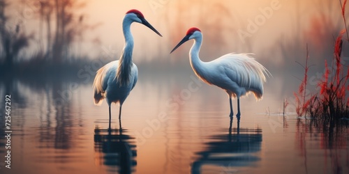 Beautiful sunrise  foggy lake. Cranes or herons. Theme of love and family in nature