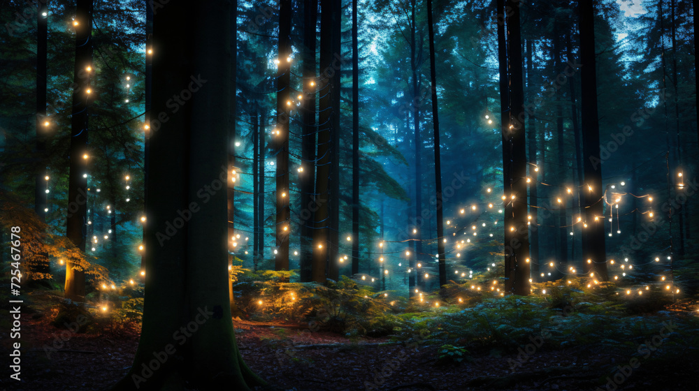 Germany Bavaria Sankt Englmar Fairy lights in forest