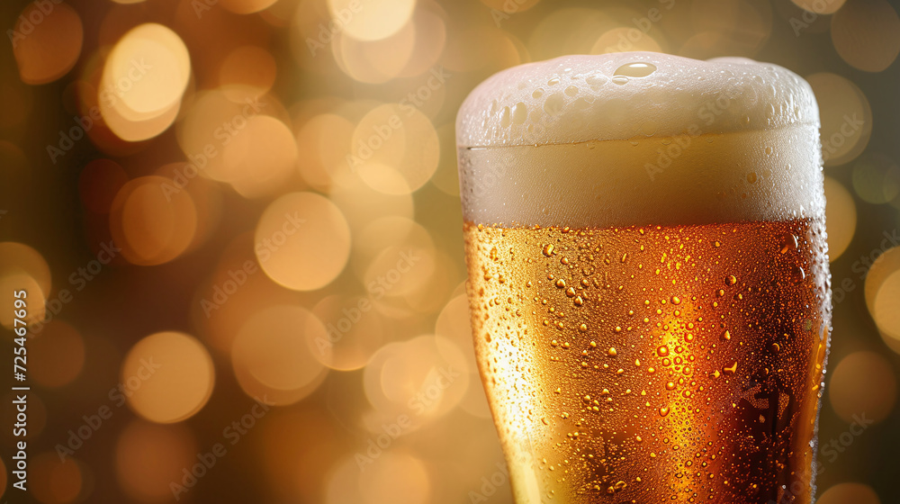 AI generated illustration of a tall glass of beer with a vibrant background and bokeh lights AI generated illustration of a tall glass of beer with a vibrant background and bokeh lights