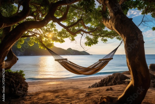 A hammock sways on the beach at sunrise, a tranquil spot for relaxation and serenity. © CreativeCreations