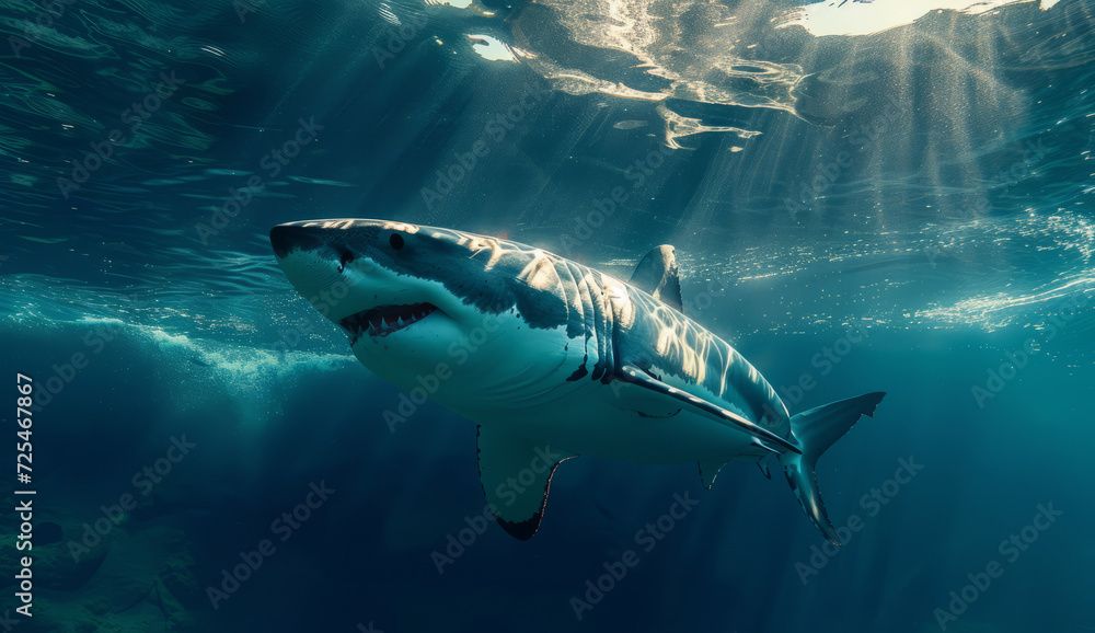 Ocean, sea and shark swimming underwater in clear water for tourism, holiday adventure and travel. Blue, detailed and beautiful scene of wildlife in their habitat for environment and eco system - obrazy, fototapety, plakaty 