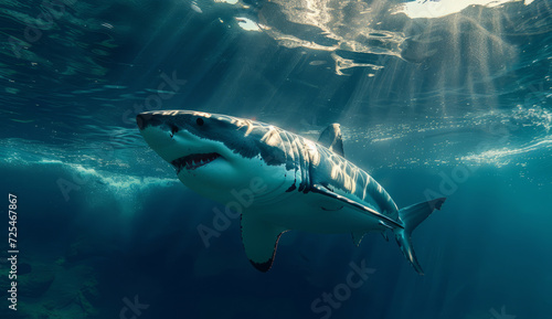 Ocean, sea and shark swimming underwater in clear water for tourism, holiday adventure and travel. Blue, detailed and beautiful scene of wildlife in their habitat for environment and eco system photo