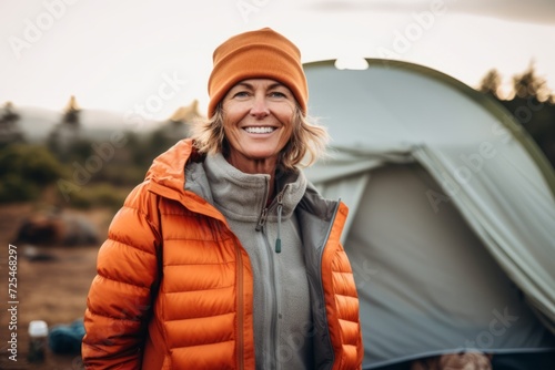 Smiling woman in orange jacket and hat standing near camping tent. © Nerea