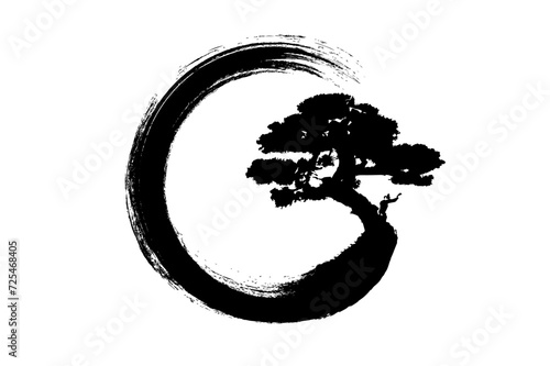Enso Zen Circle and Bonsai Tree, hand-drawn with black ink in traditional Japanese style sumi-e, Vector logo design in Paint Brush art style, isolated on white background 
