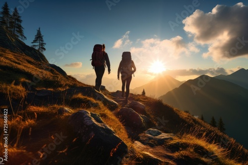 young couple hiking in the mountains.  © CreativeCreations