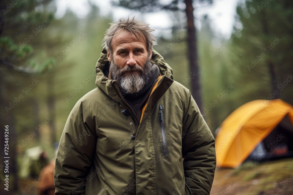 Portrait of senior man with long gray beard in a green jacket standing in front of a tent in the forest