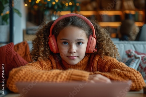 A mixed-race schoolgirl with laptop and headphones continues her education from home, showcasing adaptability and enthusiasm amidst pandemic challenges
