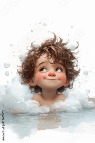 A curious and joyful baby girl playing with water  bubbles  and foam in a pool.