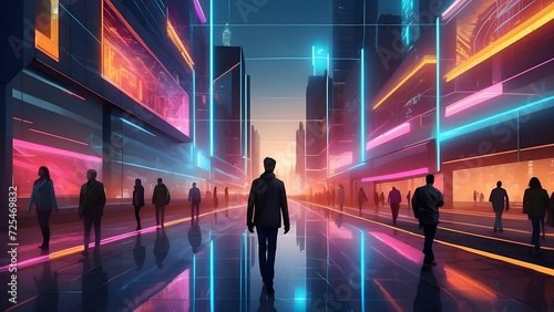 futuristic cityscape, holographic pranks and digital illusions creating a surreal atmosphere photo