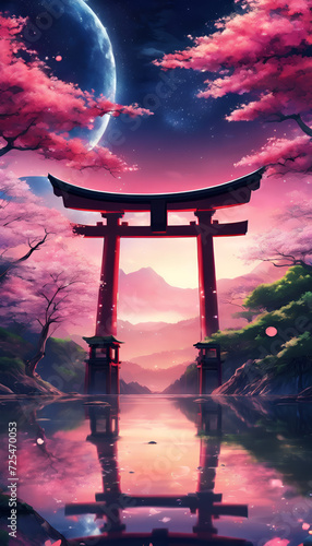 Colorful Vibrant Anime Torii Gate Japanese Landscape with Sakura and Galactic Sky Vertical Background
