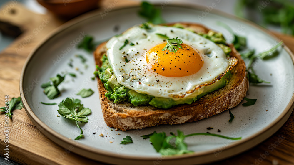 Delicious toast with egg and avocado for breakfast Delicious toast with egg and avocado for breakfast