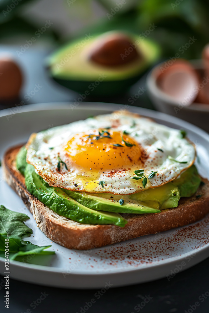 Delicious toast with egg and avocado for breakfast