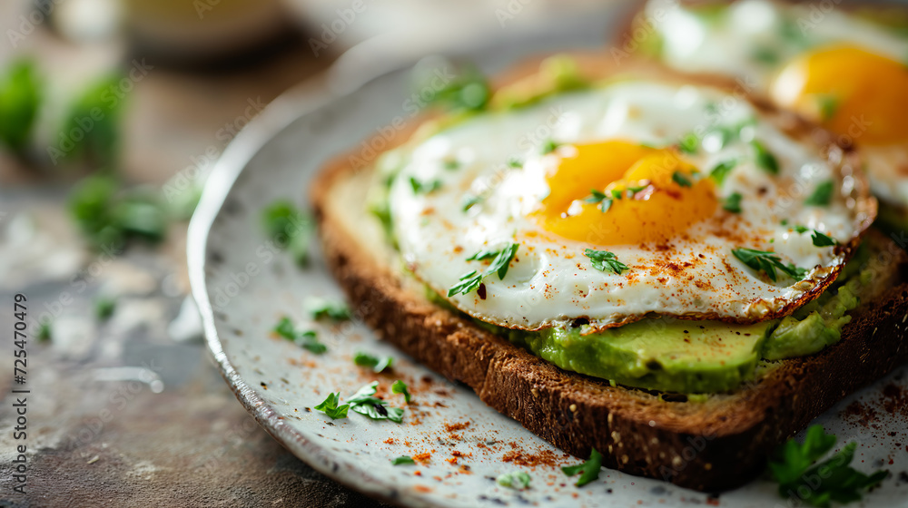 Delicious toast with egg and avocado for breakfast Delicious toast with egg and avocado for breakfast