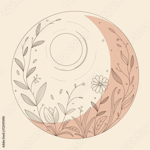Flowers, leaves, sun and moon in mono line style art for badges, emblems, patches, t-shirts. Vector illustration