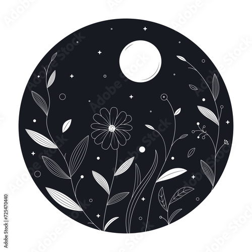 Flowers and moon in mono line style art for badges, emblems, patches, t-shirts. Vector illustration