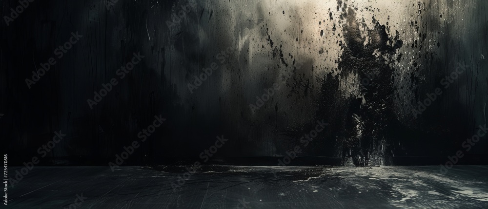 Studio space with a dark, charcoal black abstract setting, adorned with ambient lighting and shadow play for a dramatic effect - obrazy, fototapety, plakaty 