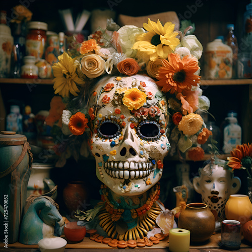skeleton of the dead with flowers